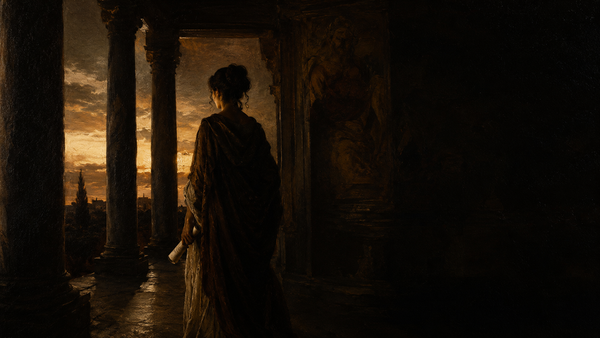 An illustrated profile of a woman in classical Roman dress beside a column and an olive branch, titled Stoic Women