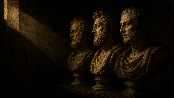 A row of marble busts of bearded Stoic figures in profile, lit by golden sunset light