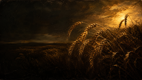 A painterly image of a bearded man standing in a golden wheat field under a bright sky