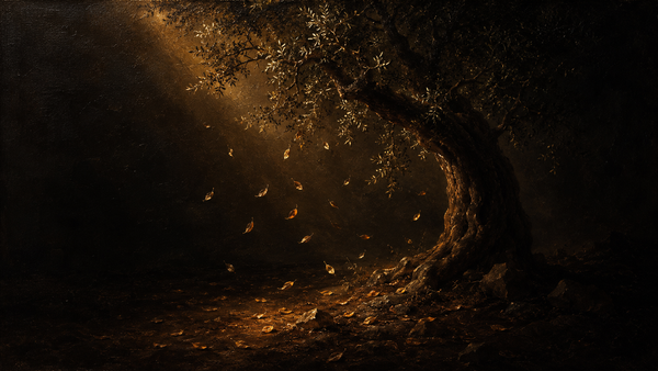 A flying saucer hovering over a lone figure in a misty field, casting a beam of light