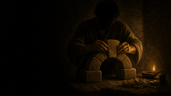 A faceless craftsperson setting a keystone in a stone arch while coins and laurel remain outside it