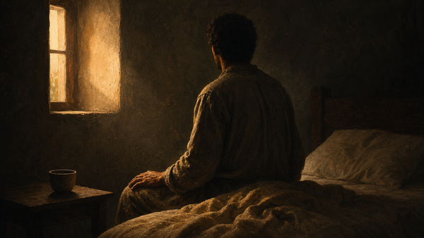 A faceless person sits on the edge of a bed in warm dawn light, beside a plain cup.