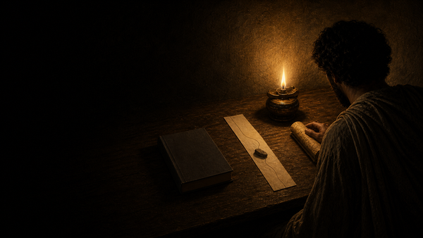 A researcher comparing an ancient manuscript and a modern book beside a stone interrupting a drawn path