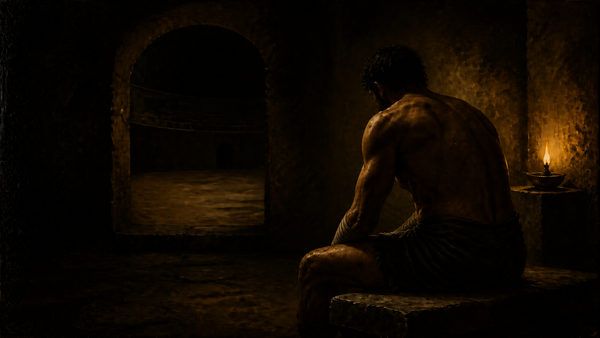 A lone ancient fighter sits calmly in a shadowed training hall before entering the arena.