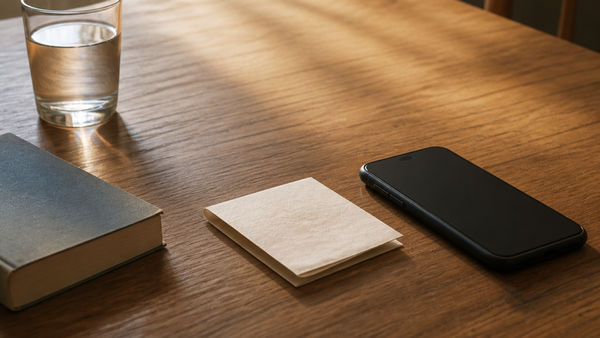 A folded note and face-down phone sit on a wooden table in warm morning light, ready as a plan for a future difficult moment.