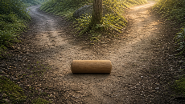 A wooden cylinder pauses before a fork in a woodland path, representing the small judgements that shape a course of action.