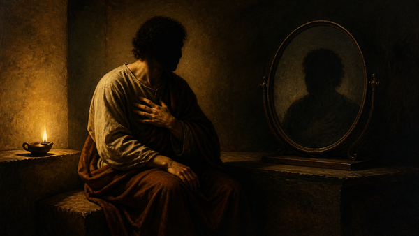 A faceless robed figure looks into a dark bronze mirror beside a warm oil lamp.