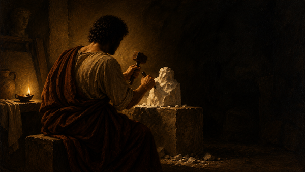A turned-away sculptor removes stone by lamplight, an oil painting about choosing what to leave out.