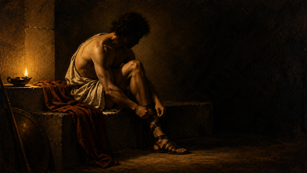 A classical athlete fastens a sandal by lamplight, preparing for practice in a dark oil painting.