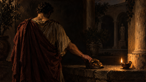 A turned-away figure sets a bronze theatre mask on a stone ledge beside an oil lamp in a dark classical courtyard.