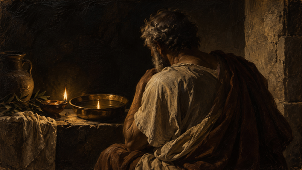 Oil painting of a turned-away philosopher examining lamplight reflected in a bronze basin.