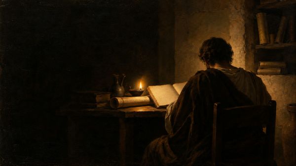 A reader seen from behind studies an open book by an oil lamp in a dark library.