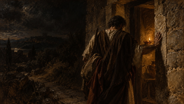 Oil painting of a traveller seen from behind at a lamplit stone doorway, surrounded by deep umber shadows.