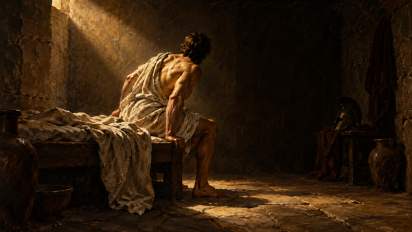 A turned-away Roman figure begins rising from a low wooden bed in a stone room, illuminated by one warm beam in textured oils.