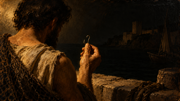 Oil painting of a turned-away fisherman inspecting a single hook above a shadowed Mediterranean harbour.