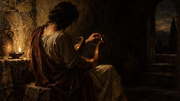 A turned-away musician retunes a lyre by a single oil lamp in a dark ancient stone room, painted in warm textured oils.