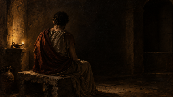A turned-away figure sits quietly beside one oil lamp in an ancient stone chamber, painted in textured umber and bronze oils.