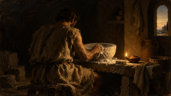 Textured oil painting of a craftsman seen from behind polishing a stone bowl by an oil lamp in a Mediterranean workshop.