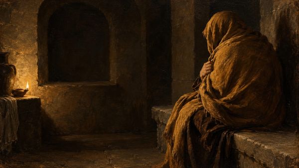Oil painting of a turned-away figure holding a cloak for warmth beside an oil lamp in a shadowed stone room.