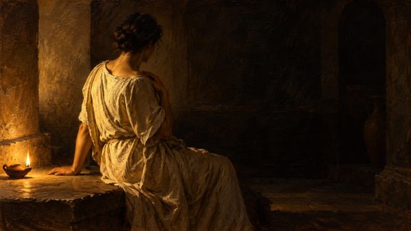 Painterly figure seen from behind with a hand against their chest, lit by a single oil lamp in an ancient stone room.