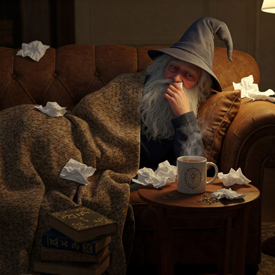 AI Generated image of a wizard on a couch with a head cold.