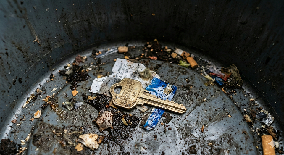 An AI Generated Image of a house key at the bottom of a dirty garbage can.