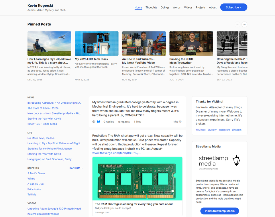 The home page of KevinKoperski.com as of May 11, 2026.