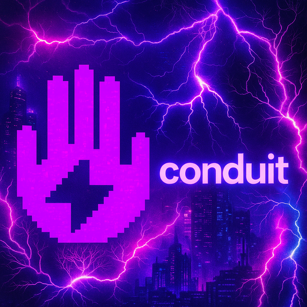 The Conduit Hamsa Logo in 8-bit overlaid on a dark cityscape lit with purple mycelial lightning.