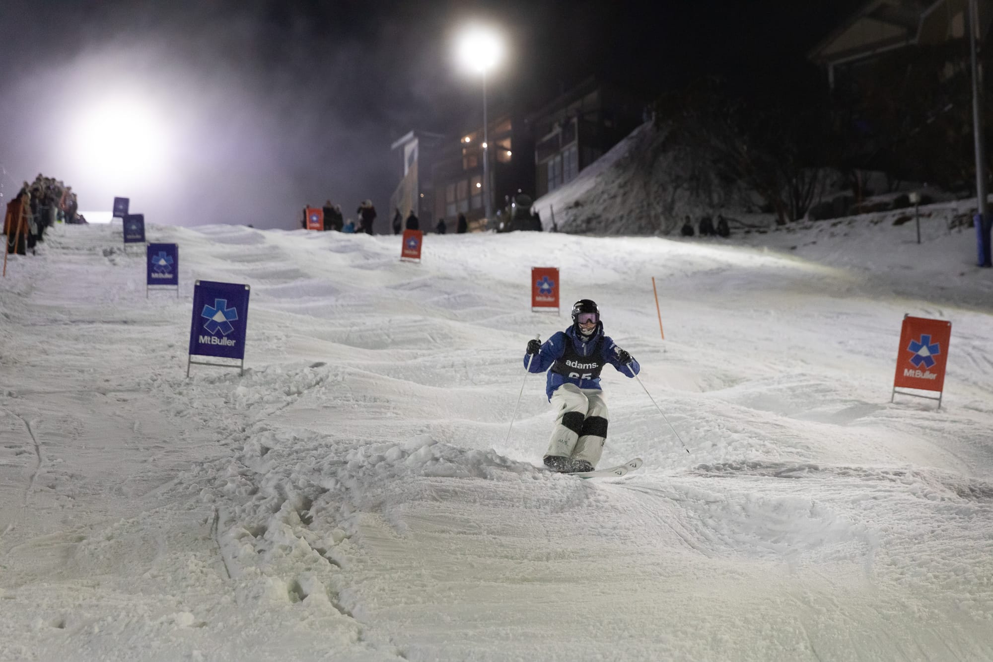 VICTORY: Edward Hill flying down through the Chamois moguls on the way to victory

