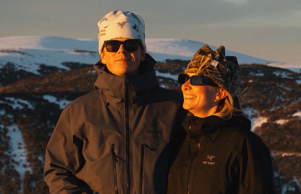 WARM AND FASHIONABLE:  Kelsey Watkins with her partner Charlie wearing their handmade beanies.