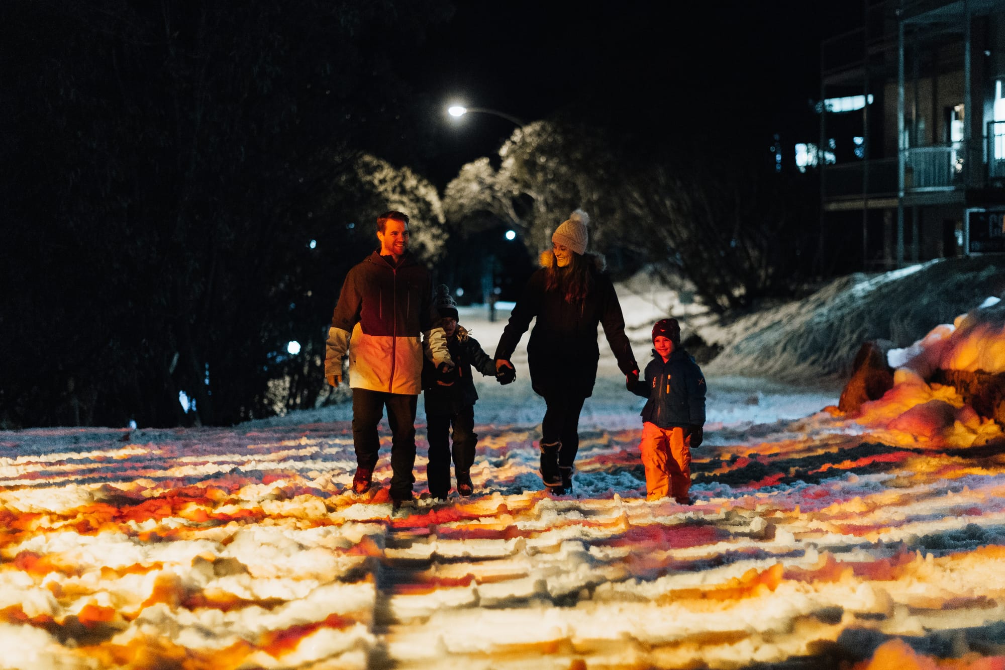 LIGHT SHOW: Falls Creek Village streets comes alive at night with dazzling lights...well worth an evening stroll. PHOTO: Falls Creek Alpine Resort 