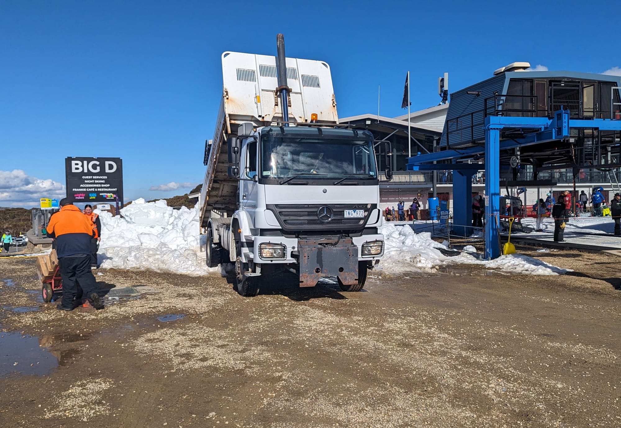 TRUCKING SNOW IN: A small part of the huge effort to keep the lifts running at Hotham in early August. PHOTO: Chris Epskamp.
