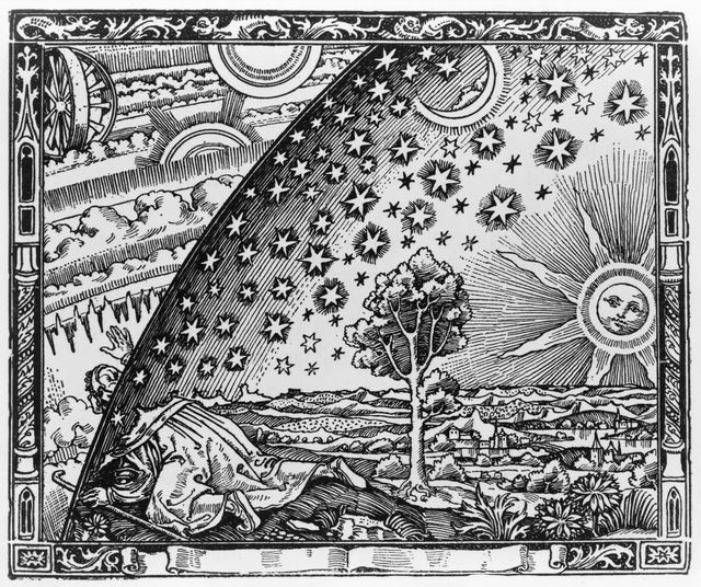 Flammarion engraving (1888): a pilgrim kneels at the edge of the flat Earth and peers through the star-studded sky into the hidden celestial machinery beyond