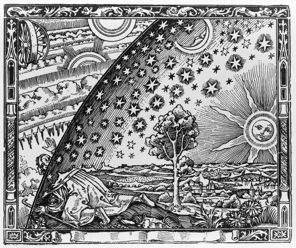 Flammarion engraving (1888): a pilgrim kneels at the edge of the flat Earth and peers through the star-studded sky into the hidden celestial machinery beyond