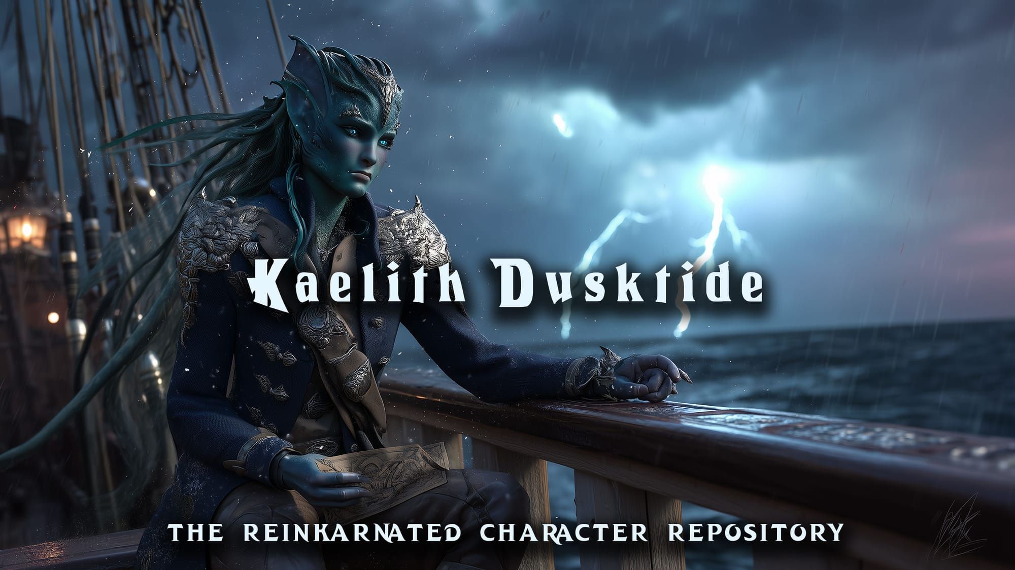 Kaelith Dusktide half-elf pirate NPC portrait — D&D 5e