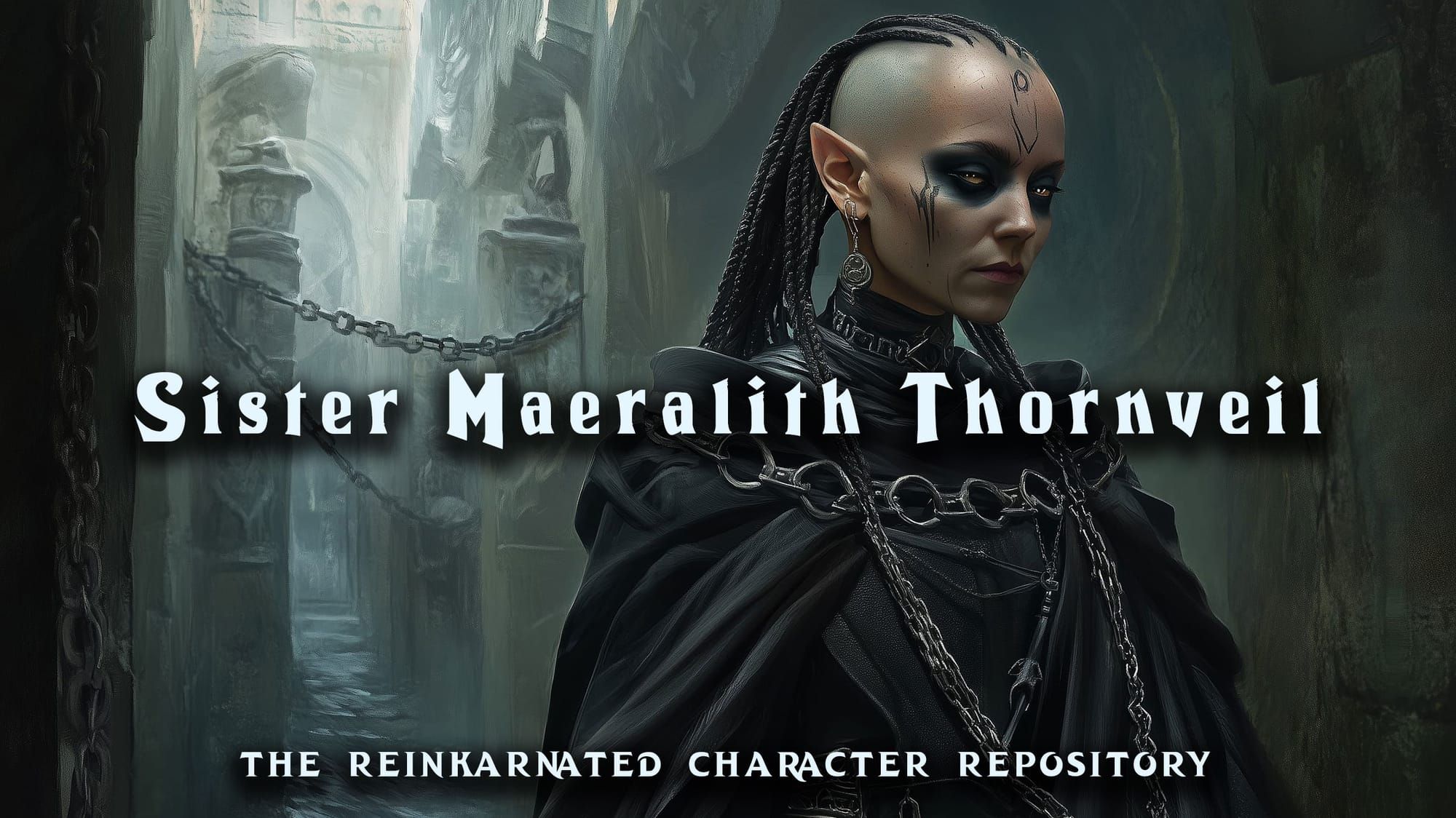 Sister Maeralith Thornveil half-elf cleric NPC portrait — D&D 5e
