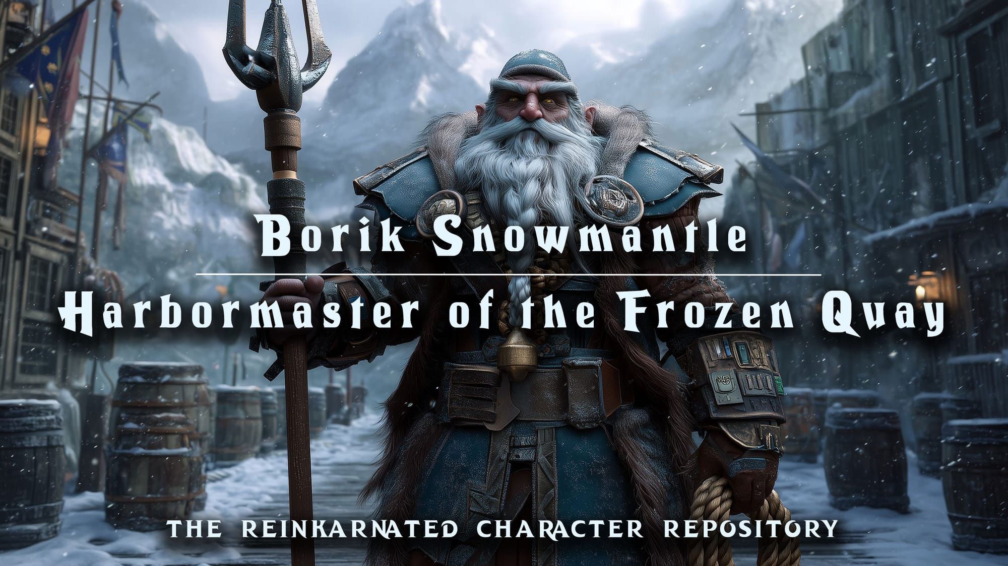 Borik Snowmantle dwarf harbormaster NPC portrait — D&D 5e