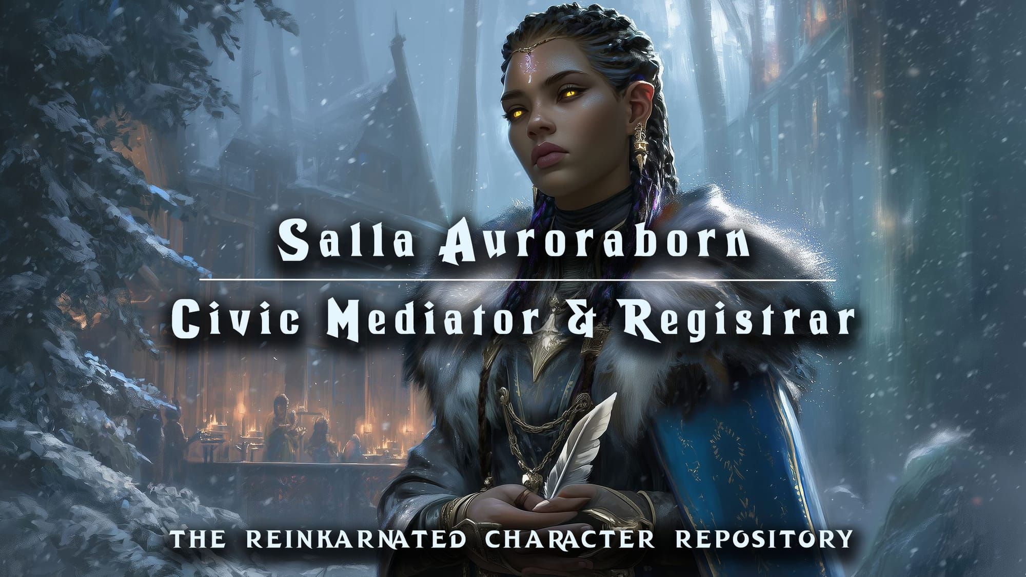 Salla Auroraborn civic mediator NPC portrait — D&D 5e