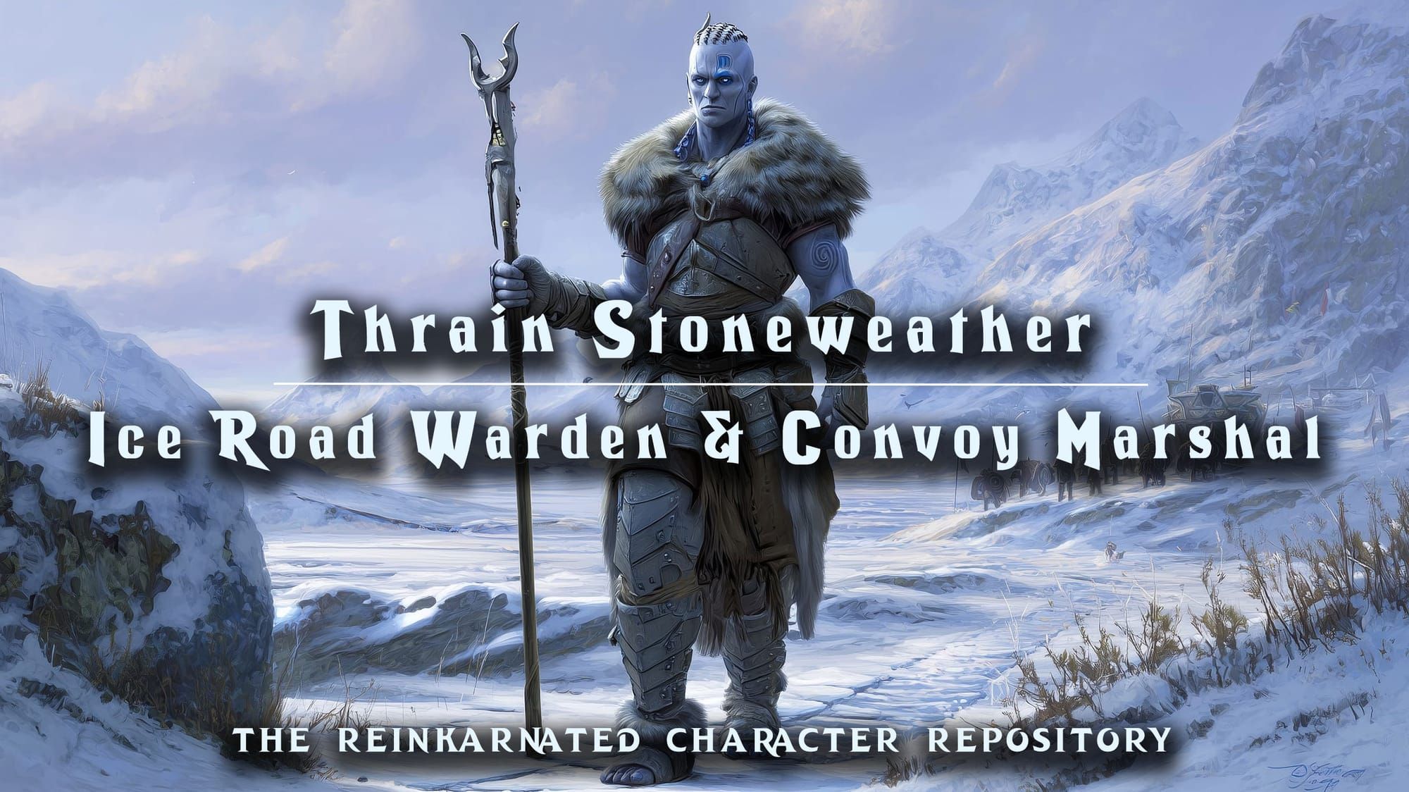 Thrain Stoneweather dwarf ice road warden NPC portrait — D&D 5e