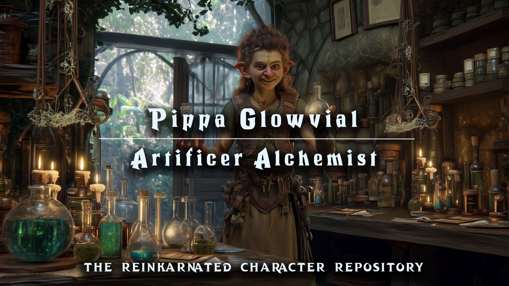 Pippa Glowvial gnome artificer NPC portrait — D&D 5e