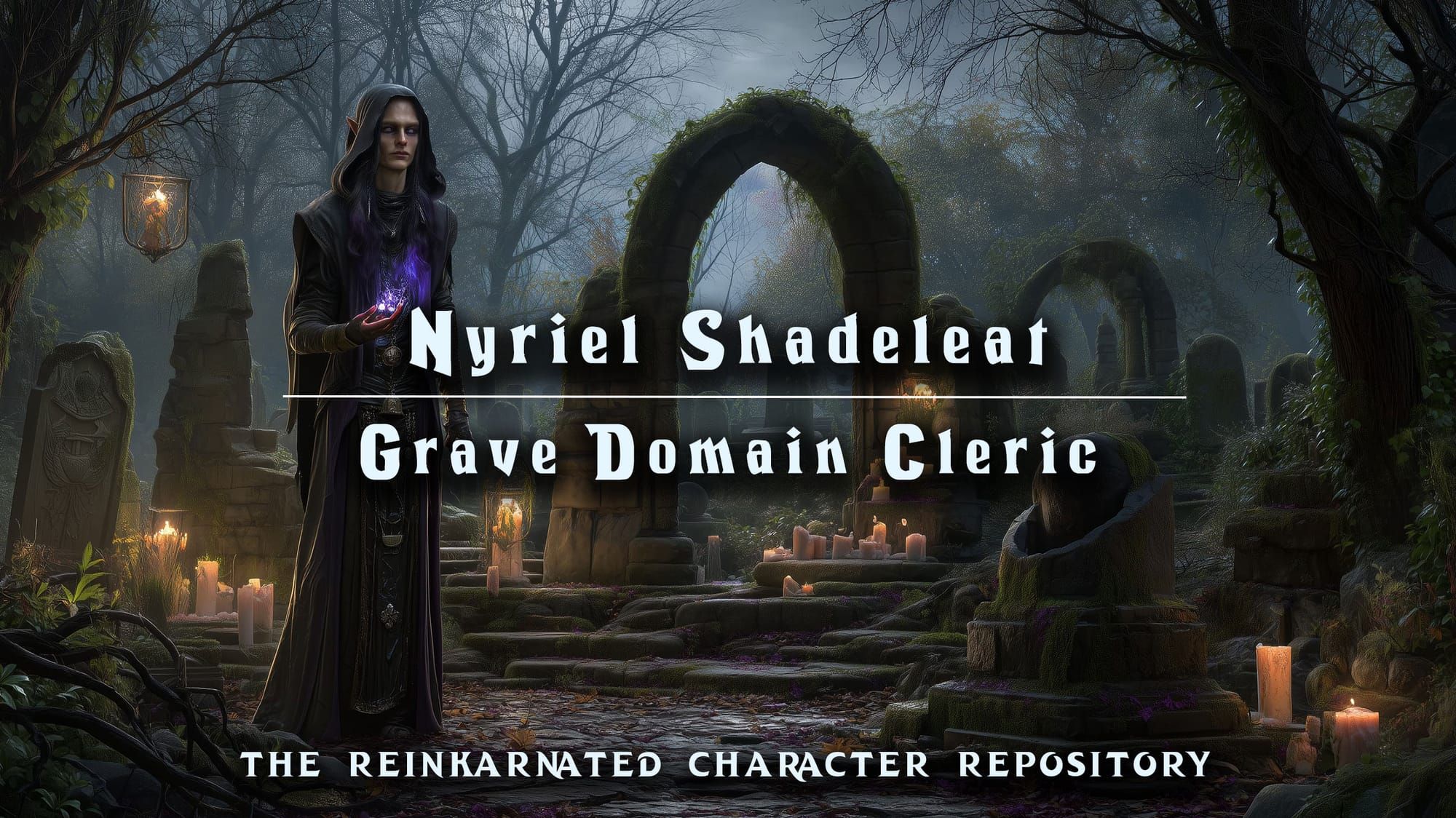 Nyriel Shadeleat elf Grave Domain cleric NPC portrait — D&D 5e