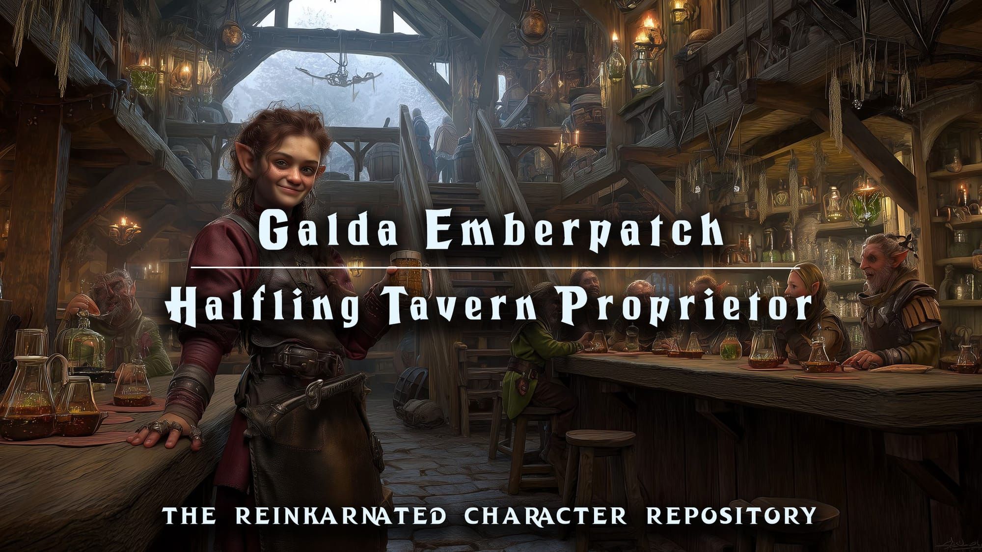 Galda Emberpatch halfling tavern proprietor NPC portrait — D&D 5e