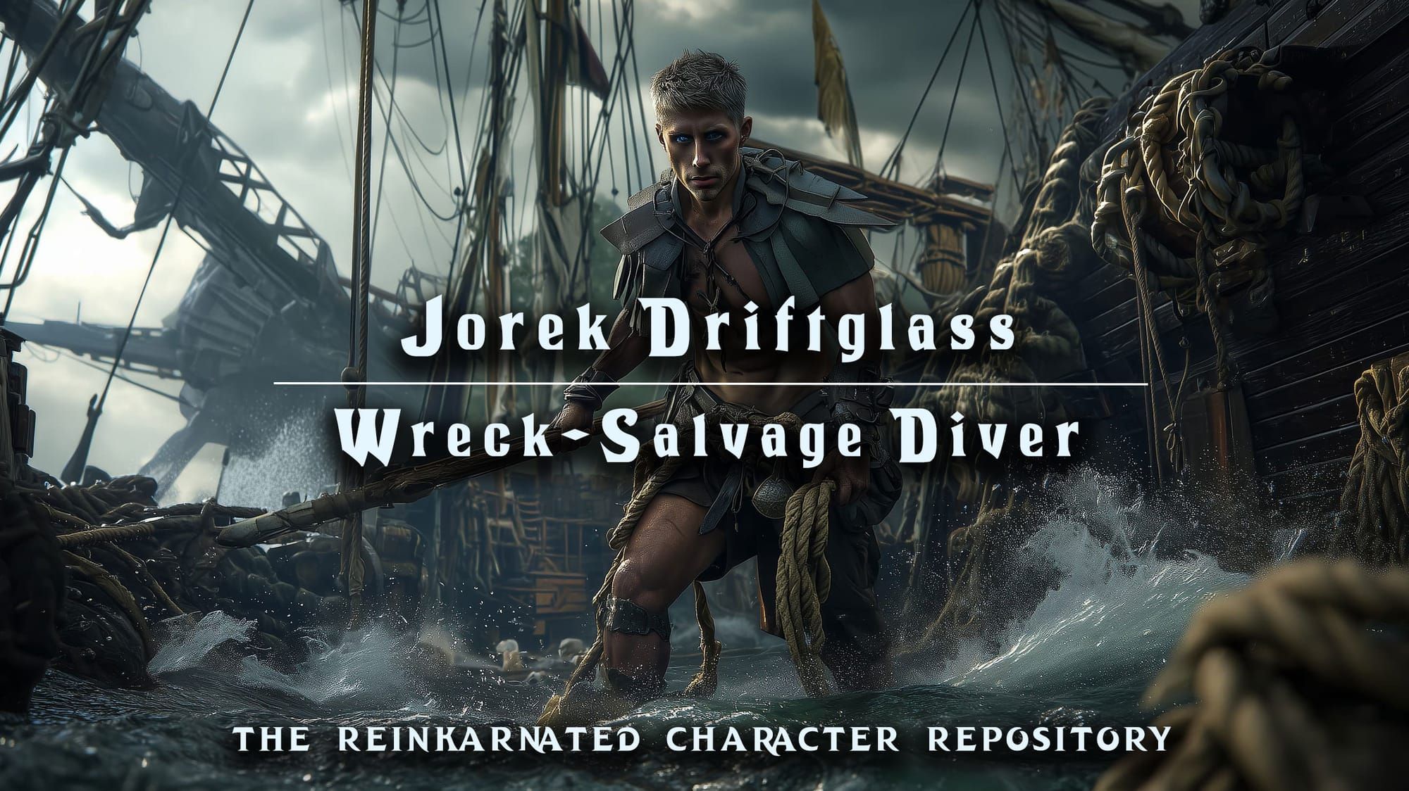 Jorek Driftglass wreck-salvage diver NPC portrait — D&D 5e