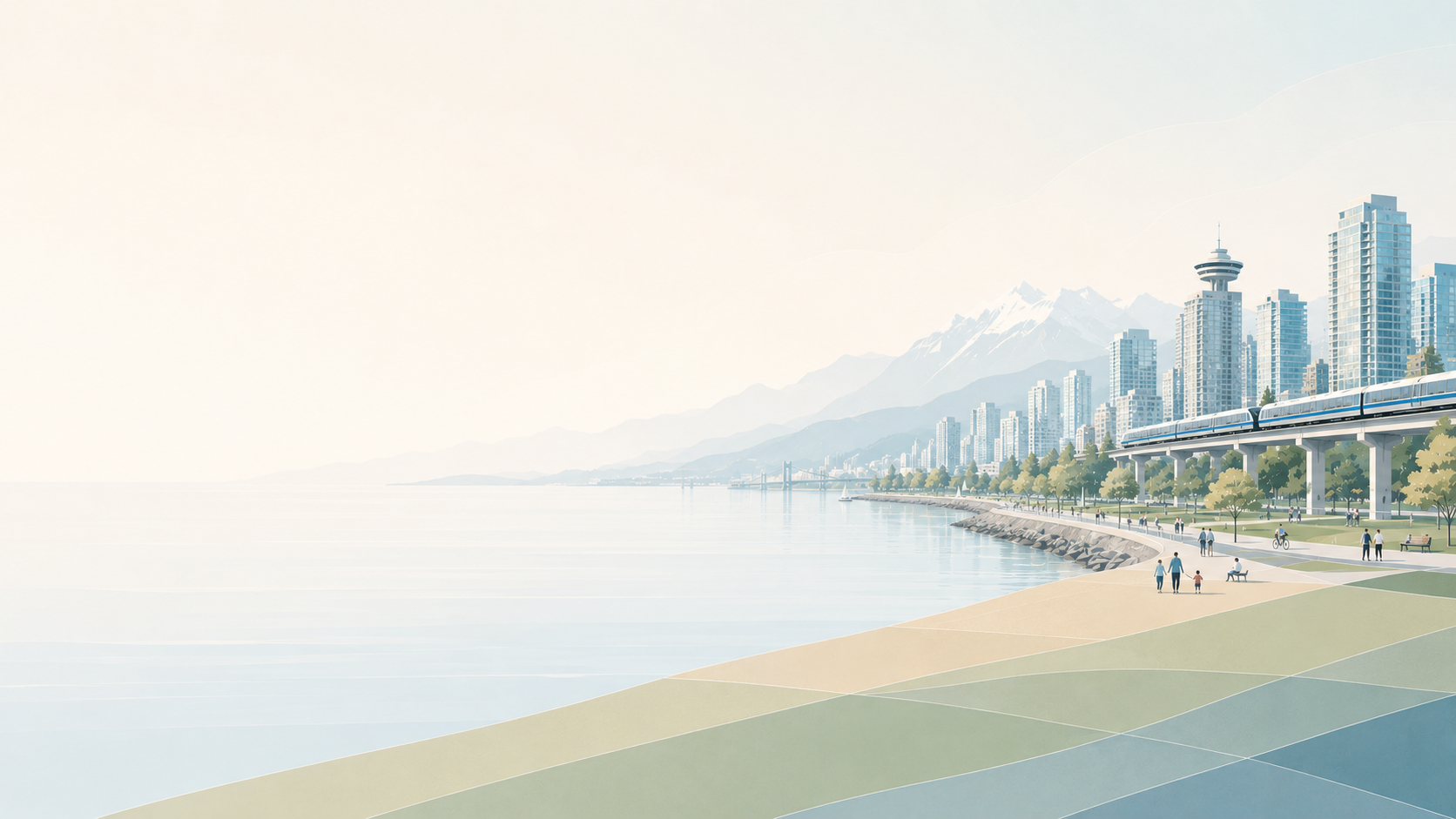 Illustration of the Vancouver seawall and skyline with mountains behind — families walking, SkyTrain crossing the water.