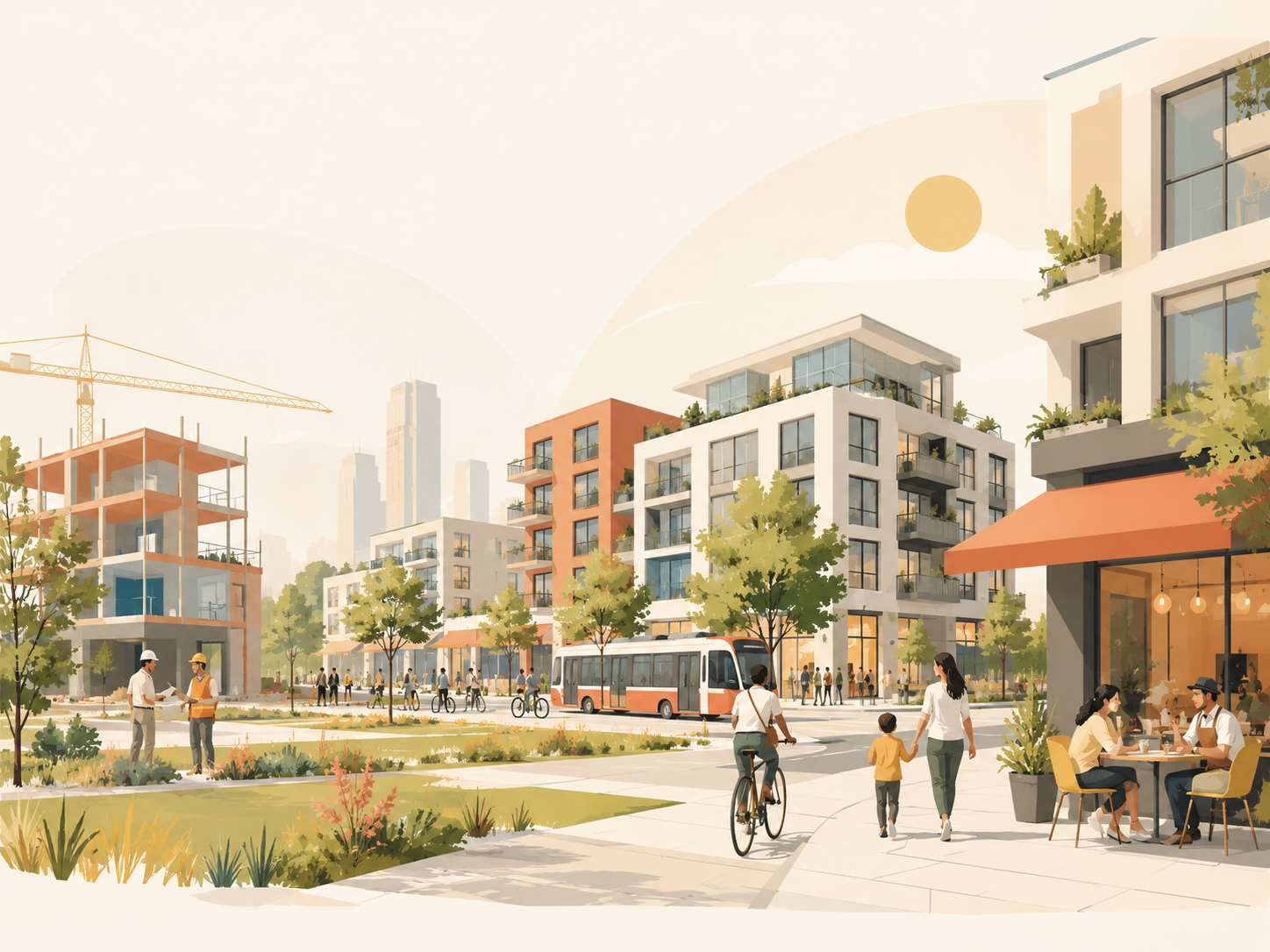A vibrant, sunlit street scene: new mid-rise apartments going up with a construction crane, a tram, cafés on the corner, people walking, biking and lingering. The results: more housing, more life.