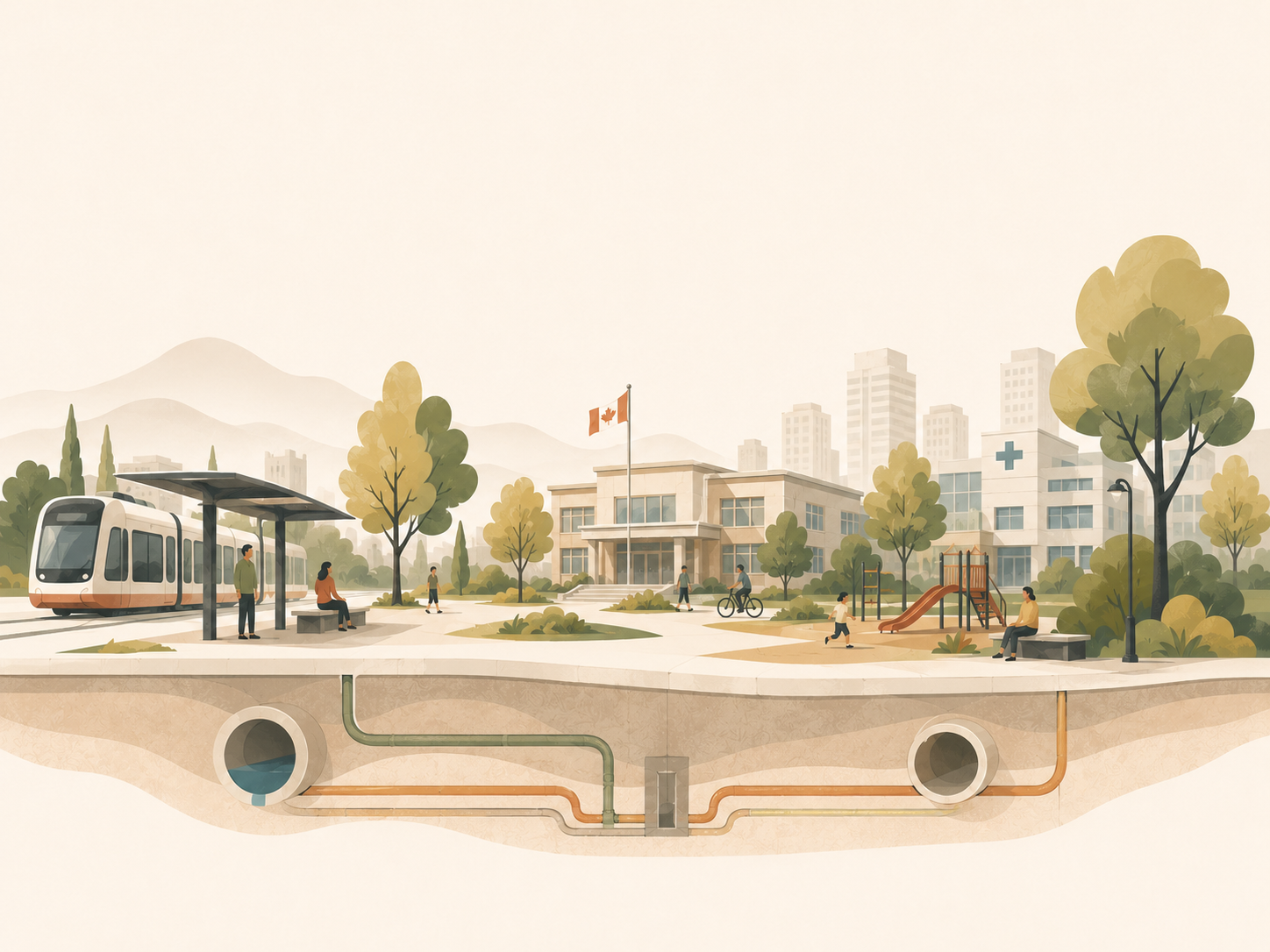 A community scene: a light-rail train at a stop, families on a bench, a school with a water tower and playground, surrounded by trees — and the utility infrastructure running below.