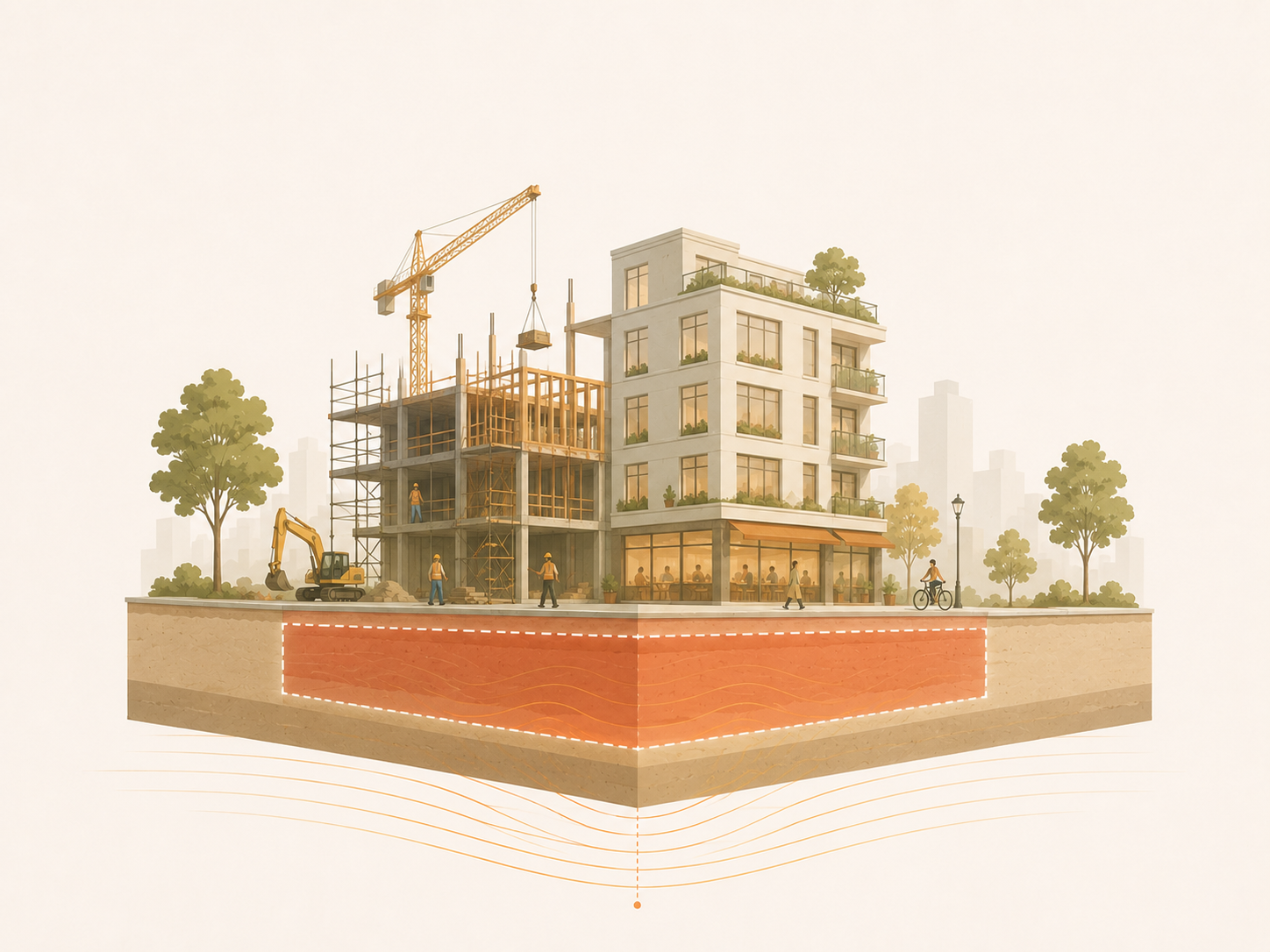 Cross-section of a city block: people, a worker carrying lumber, shops and homes above ground — and below them, a tall column of soil highlighted as the part being taxed. The land, not the building.