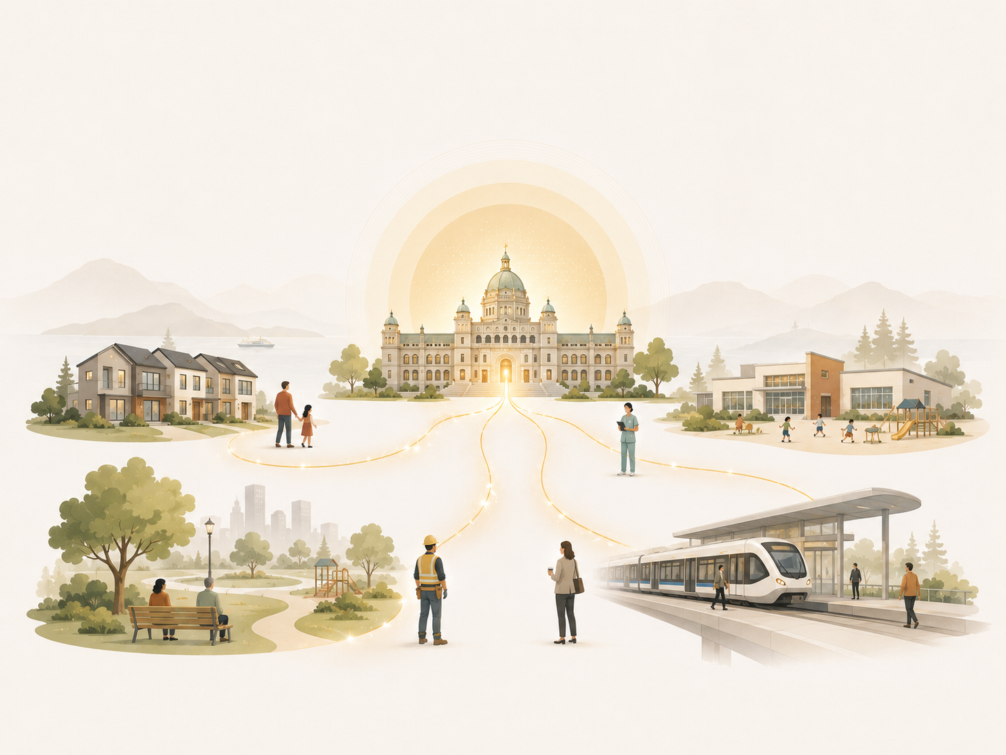 A radiant public-treasury rotunda at the centre, with gold paths flowing out to housing, a park bench, a school playground, and a tram — the captured value returning to the community.