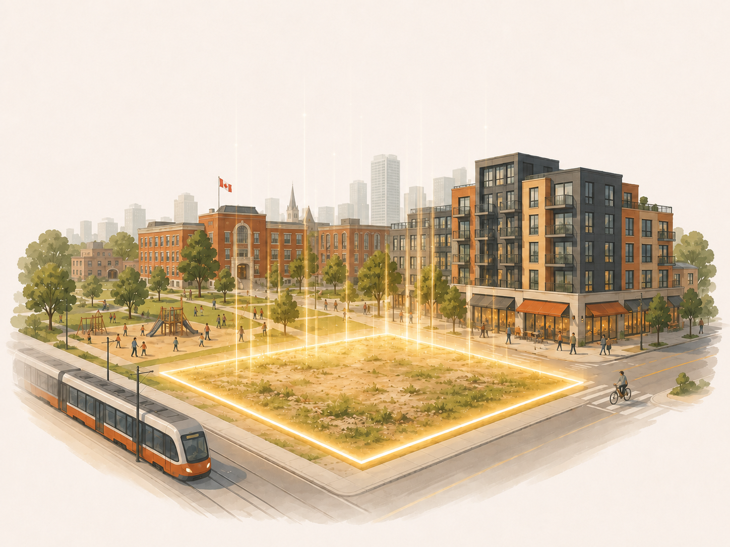 A single-family lot glowing gold against the city around it — civic buildings, low-rise apartments, shops, a tram. The community's growth makes the land beneath the house worth more.