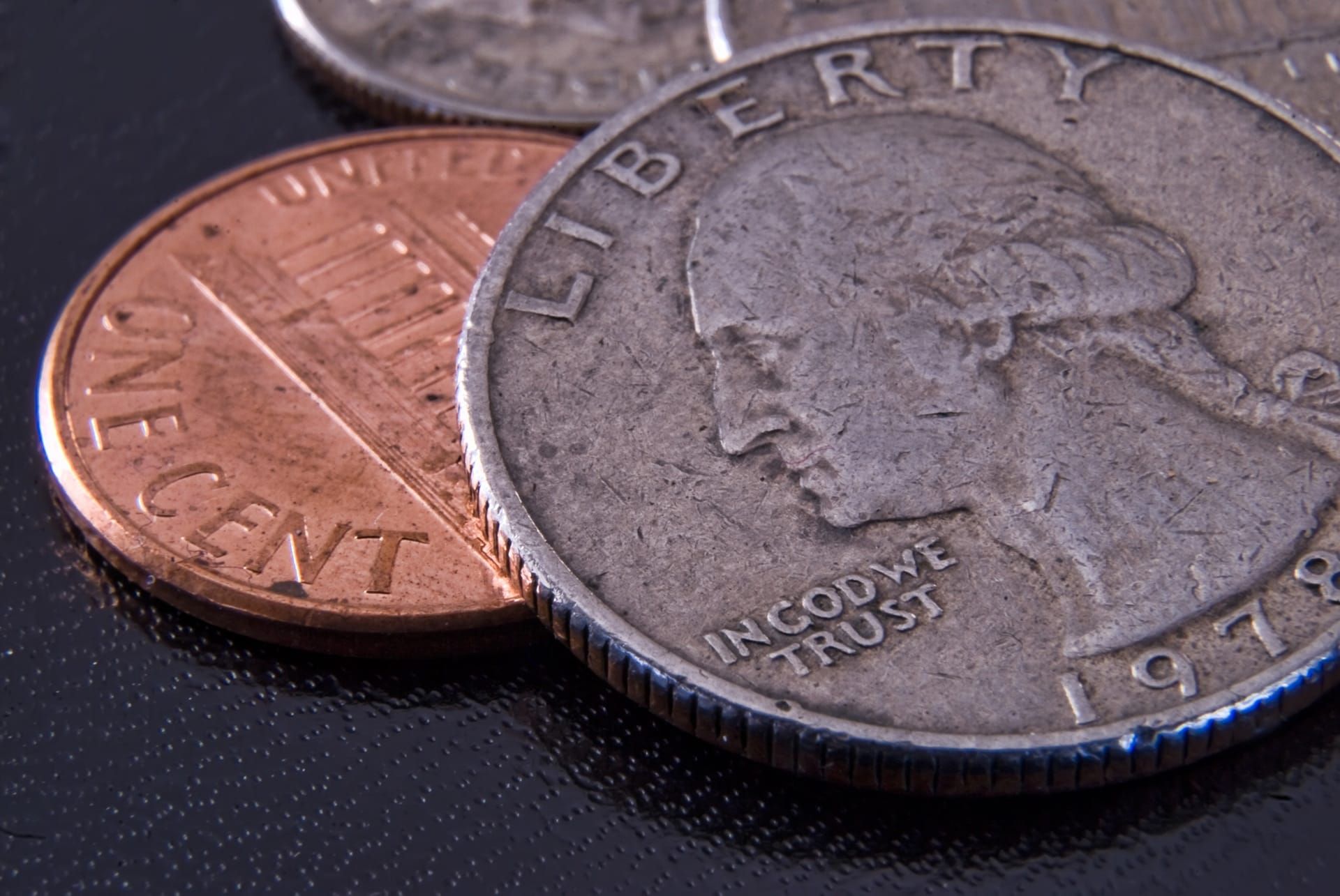 Quarter and penny US dollar currency